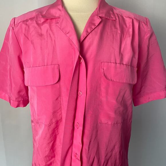 Vintage Blouse Top Size 9 Hot Pink Solid Short Sleeve Casual Utility Lightweight - Picture 2 of 10
